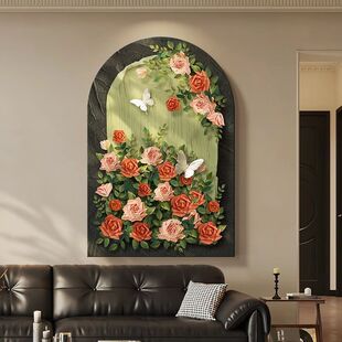 法式中古风客厅装饰画高级感玫瑰沙发背景墙挂画肌理花卉玄关壁画
