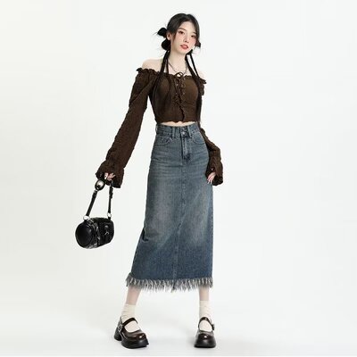 高腰牛仔半身裙女春秋2023新款小个子开叉流苏A字包臀裙半裙夏季