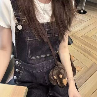 日系工装深色背带牛仔裤女生宽松卷边阔腿裤小个子百搭休闲长裤子