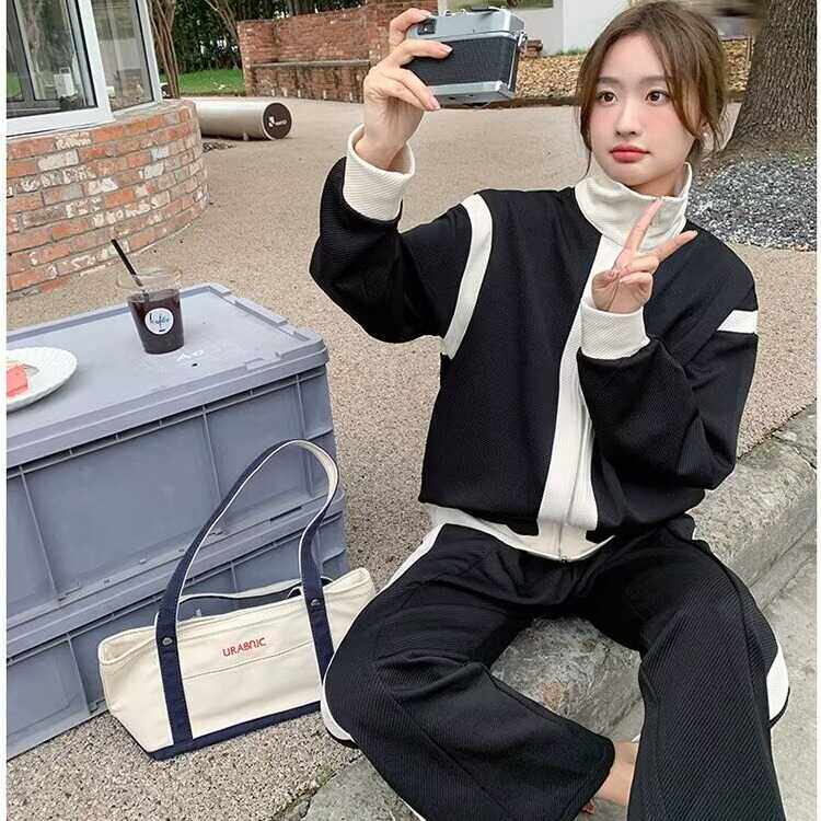 2024秋季新款拼接卫衣卫裤套装男女时尚个性休闲运动痞帅两件套潮