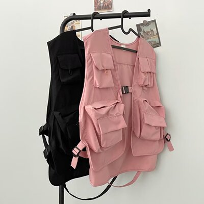 多口袋马夹春秋国潮牌军事战术背心男女粉色机能工装马甲外套粉红
