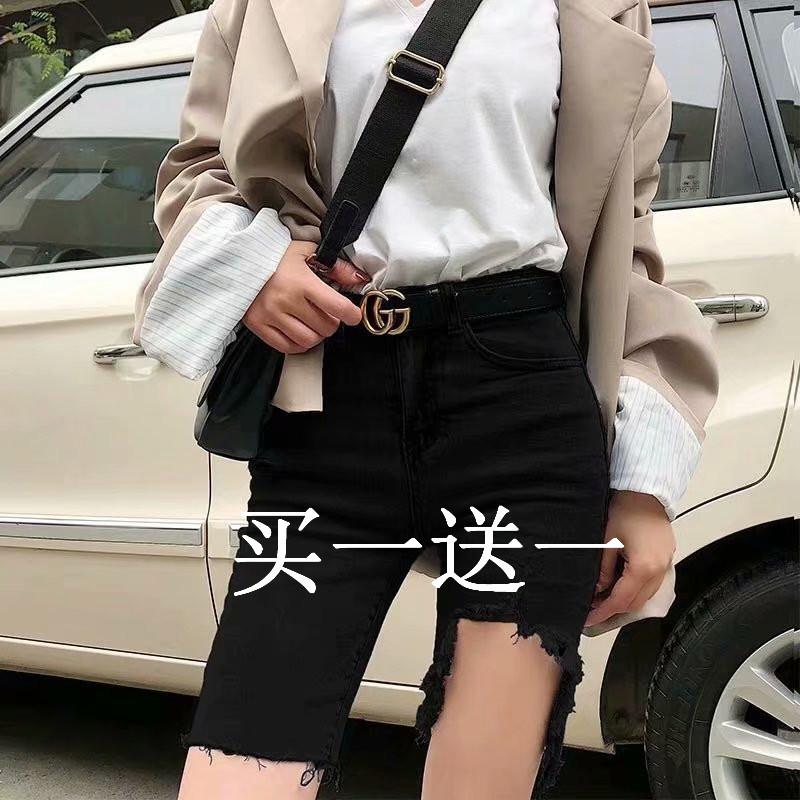 五分短裤牛仔裤女黑色破洞高腰紧身显瘦2025新款夏骑行中裤港味潮