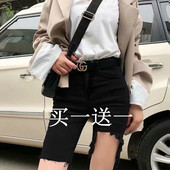 夏骑行中裤 女黑色破洞高腰紧身显瘦2025新款 港味潮 牛仔裤 五分短裤