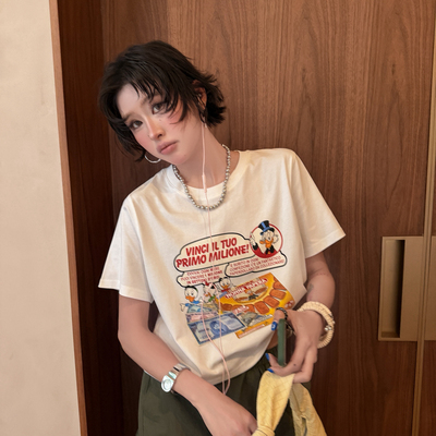 FISH YU -式复古卡通唐老鸭画报白墨印花宽松短款短袖T恤626256