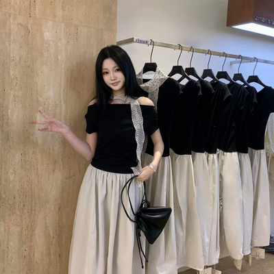 UP Studio 立方+-式气质赫本风斜肩显瘦连衣裙(配波点丝带)1060#