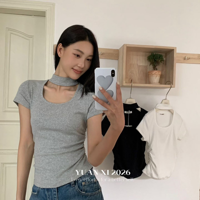 元熙-26夏上新韩系爆款褶皱挂脖设计短袖T恤263007