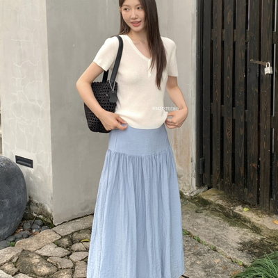 MZI STUDIO-韩小调夏日多巴胺v领坑条休闲显瘦套头针织衫A80021#