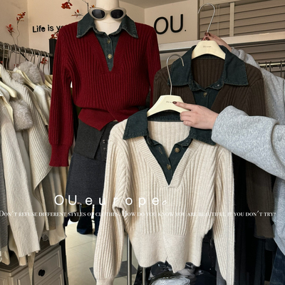 OU-26年早春拼接牛仔领针织上衣保暖毛衣9625