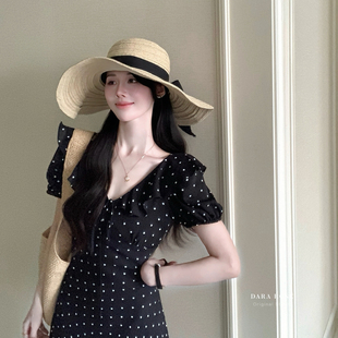 DARA ROSE-款复古V领荷叶边短袖波点印花长裙收腰显瘦连衣裙F9159