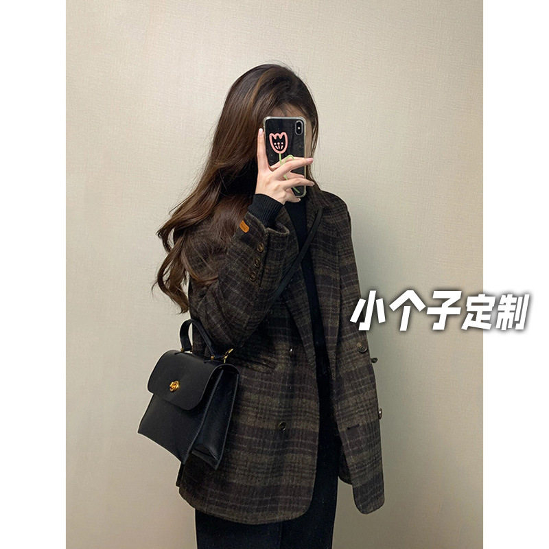 150小矮个子小香风复古格纹毛呢外套女秋法式高级感西装呢子大衣