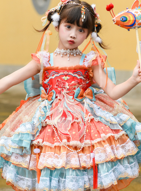 女童洛丽塔公主裙2025新款春秋儿童红色锦鲤连衣裙生日礼服裙
