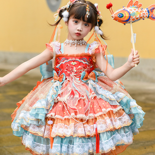女童洛丽塔公主裙2025新款春秋儿童红色锦鲤连衣裙生日礼服裙