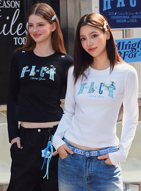 HACR小香蓝刺绣弹力修身显瘦女款辣妹打底国潮牌圆领长袖T恤