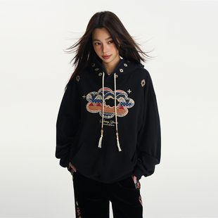 HACR小花民族风贴布绣帽衫 国潮牌潮流宽松慵懒感情侣装卫衣女