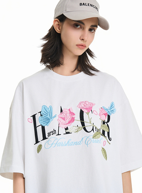 HACR丨harshandcruel美式复古蝴蝶玫瑰飘零文字排版透气短袖T恤