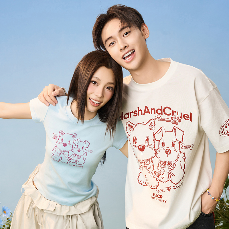 HACR 手绘童趣小狗宽松国潮短袖T恤情侣男女