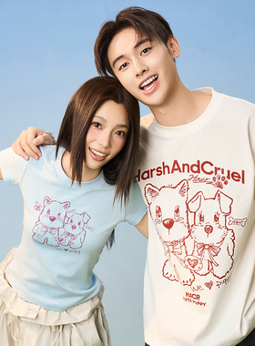 HACR 手绘童趣小狗宽松国潮短袖T恤情侣男女