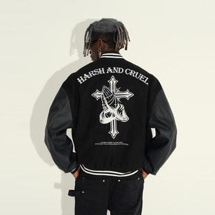 harshandcruel街头感美式复古美金元素重磅皮绣棒球服