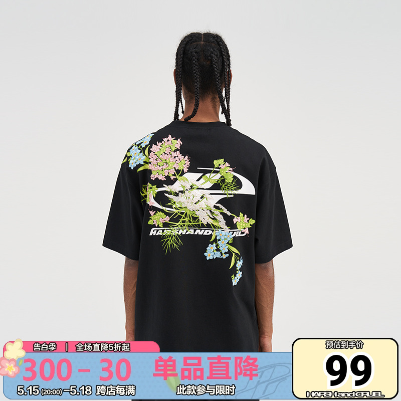 harshandcruel街头花卉中国风刺绣cleanfit印花新中式短袖T恤情侣