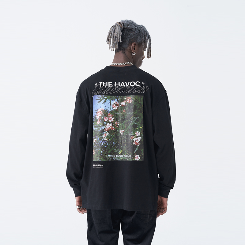 摄影花朵图案印花长袖T恤