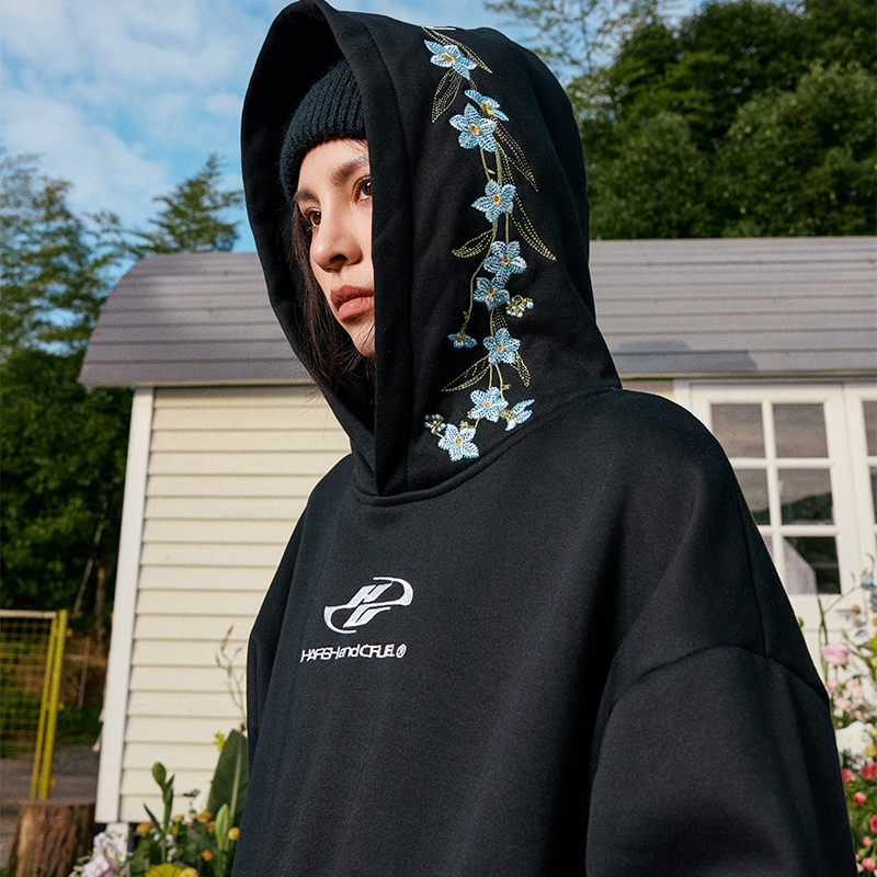 harshandcruel街头美式帽檐花卉品牌logo刺绣宽松长袖帽衫卫衣