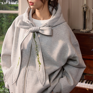 HACR丨harshandcruel可拆卸花卉刺绣蝴蝶结领结飘带连帽开衫卫衣