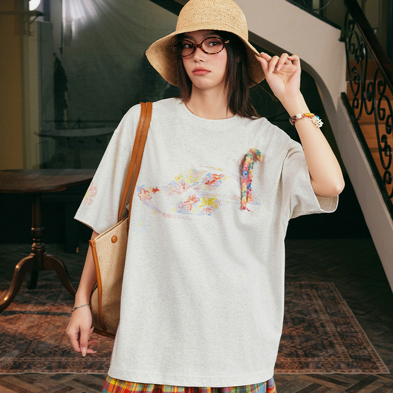 harshandcruel鬼马童趣蜡笔彩绘花卉涂鸦幻彩蝴蝶结圆领短袖T恤