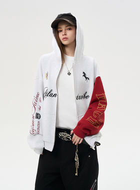 HACR美式复古撞色袖子卫衣 国潮牌连帽开衫刺绣宽松外套