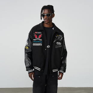 harshandcruel街头感撞色刺绣毛巾绣赛车运动宽松休闲棒球服夹克