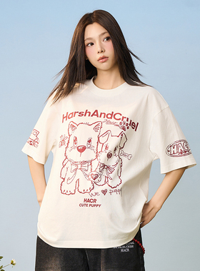 HACR｜harshandcruel手绘小狗童趣情侣宽松国潮短袖T恤男女