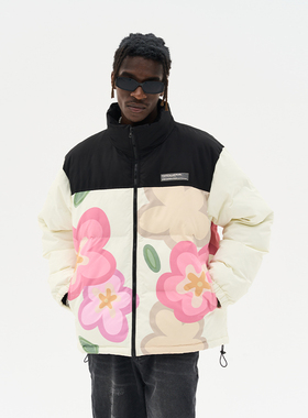 harsh and cruel 可爱手绘小花街头宽松休闲拼接立领羽绒服
