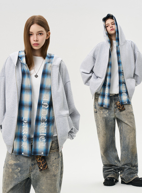 HACR造型感格纹拼卫衣 双层连帽假两件国潮牌宽松外套男女