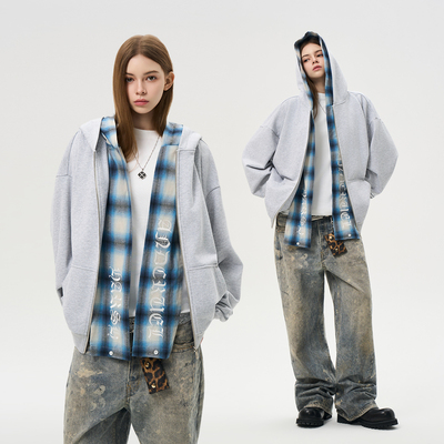 HACR假两件格纹拼卫衣