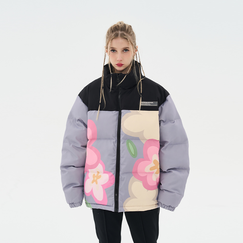 拼接棉服宽松印花保暖立领