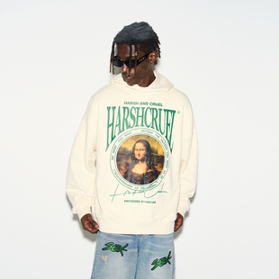 harsh and cruel 蒙娜丽莎复古油画排版街头宽松连帽卫衣