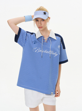 HACR翻领拼色穿绳海军蓝条纹poloT恤 航海度假风短袖男女