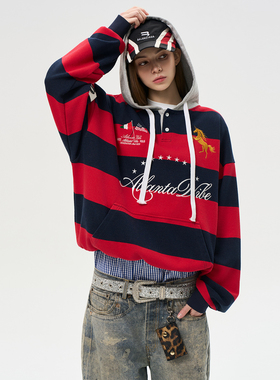 HACR街头感条纹拼接卫衣 CORTIS风 早春 刺绣连帽国潮牌T恤男女