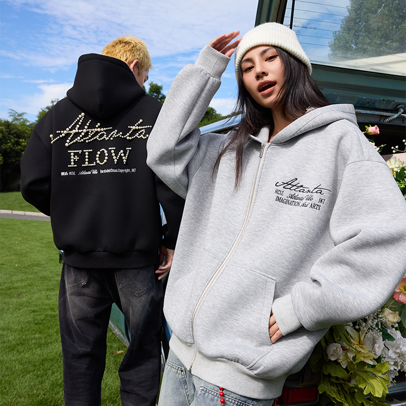 harshandcruel cleanfit手写签名体珍珠刺绣空气层拉链开衫卫衣