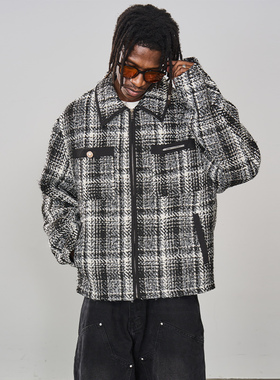 harsh and cruel 美式复古小香风粗花呢流苏黑白格纹短款夹克外套