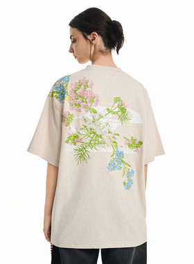 HACR丨harshandcruel新中式街头花卉刺绣烟云灰短袖T恤情侣