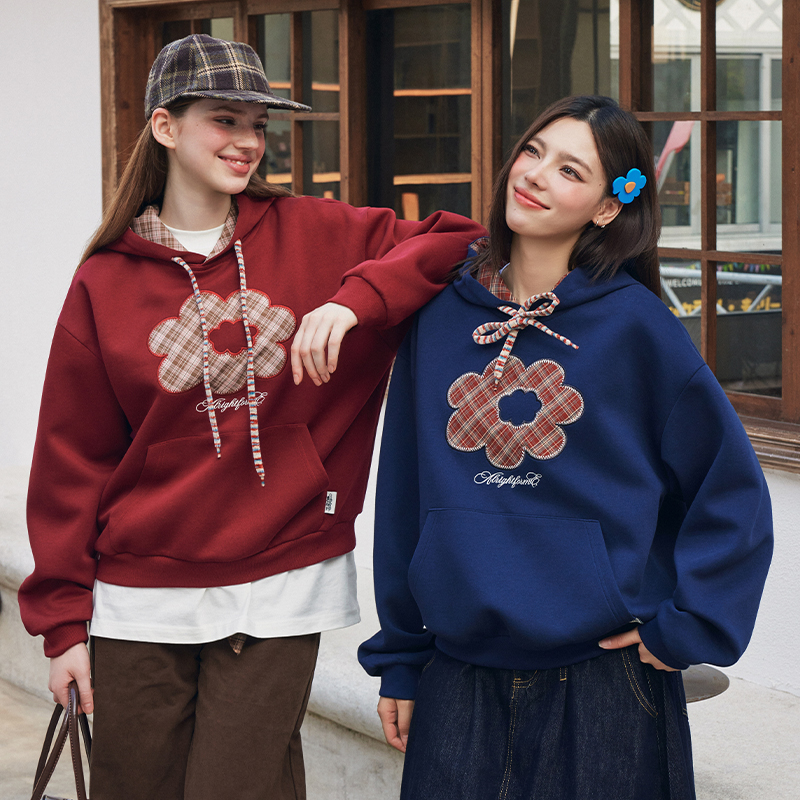 HACR复古花朵刺绣刺绣连帽卫衣 春秋装宽松国潮牌童趣情侣帽衫