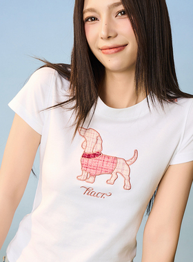 HACR｜harshandcruel小香风小狗刺绣弹力修身正肩短袖T恤女