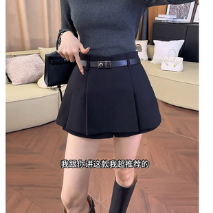 欧洲站2025秋冬款黑色高腰显瘦毛呢A字裙裤短裤百褶短裙半身裙女