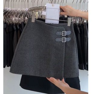 欧洲站毛呢不规则短裙女2025秋冬新款高腰显瘦卡扣百搭减龄半身裙