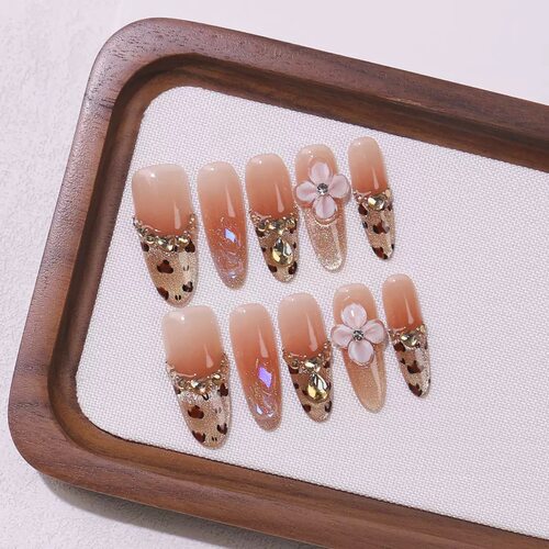 Leopard Print Flower Rhinestone Almond Press On Nails