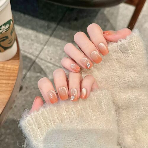 Short Square Sunset Glow Crystal Press On Nails