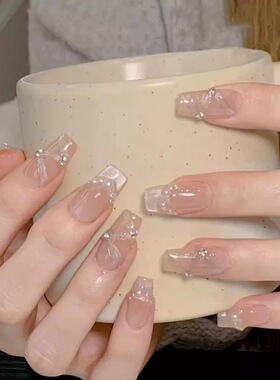 Clear Pink Bow Rhinestone Square Press On Nails