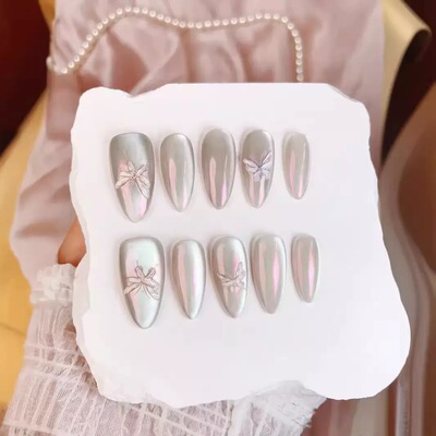 Pearlescent Aurora Silver Butterfly Almond Press On Nails