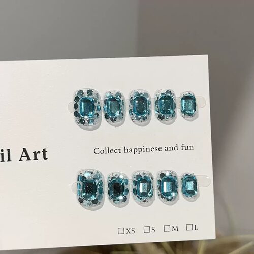 Blue Gem Glitter Short Press On Nails