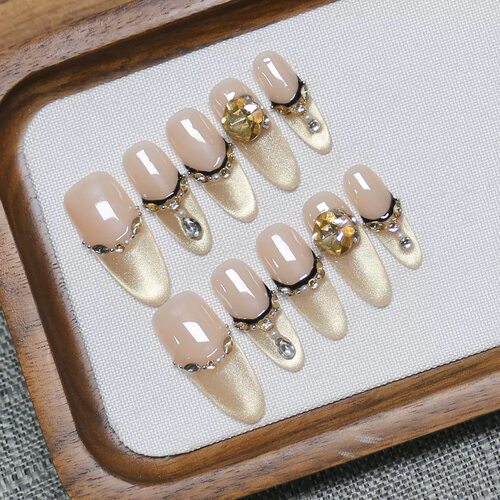 Glitter Nude Champagne Cat Eye Diamond False Nails